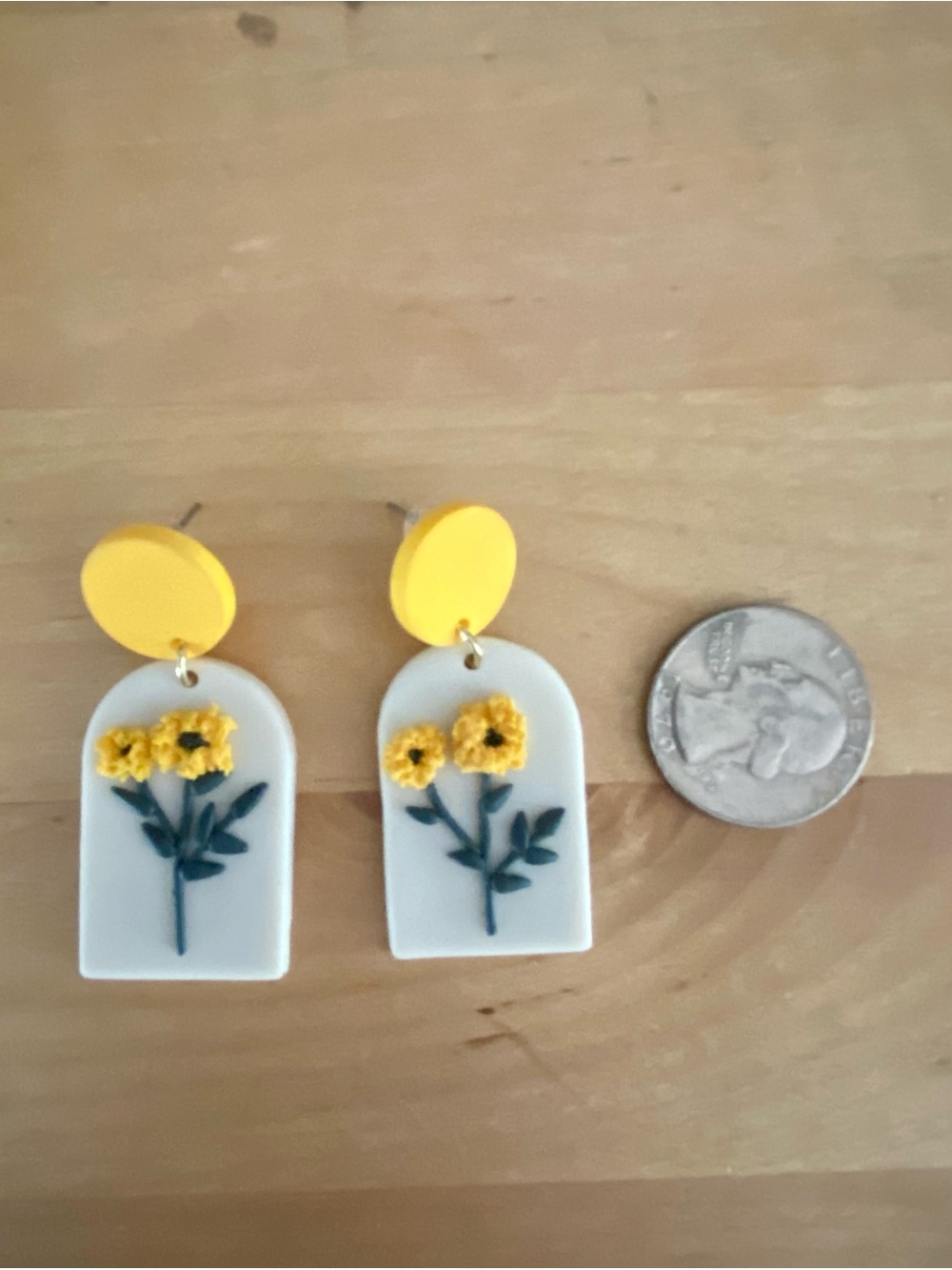 Handmade Clay Yellow Floral Drop Earrings - White Arch Pendant